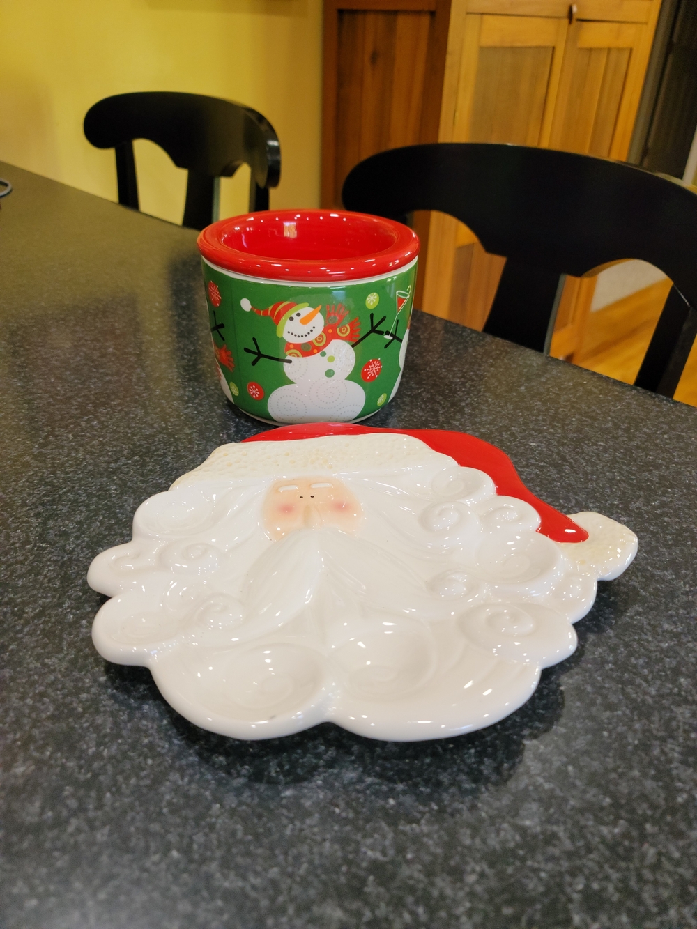 GANZ Green Snowman Dip Bowl with Red-Trim Santa Face Dessert Plate